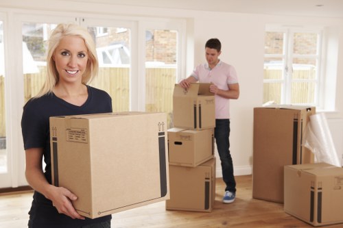 Packed office crates and furniture ready for a Docklands business move